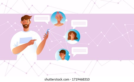 Online chat concept with bearded man holding smartphone, users’ avatars, messages. Social network illustration in flat style with young male influencer. Refer a friend banner with copy space.