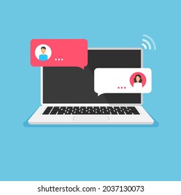 Online chat concept. Open laptop with dialog speech boxes. Chatting on computer display. Flat design of messaging bubbles. Vector illustration.