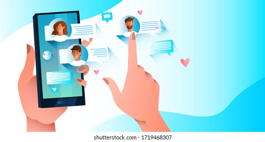 Online chat concept with smartphone, female hands, user avatars, messages. Social network banner in blue colors. SMM background with male and female characters and copy space.