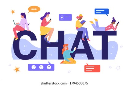 Online chat concept vector illustration. Cartoon flat tiny young woman characters chatting, happy virtual girl friends reading, writing messages, social media friendship at distance isolated on white