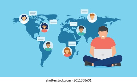 Concepto de chat en línea con un joven que usa una laptop para comunicarse con personas de todo el mundo