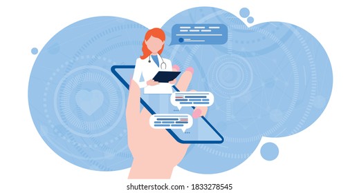 Online chat with a doctor. Smartphone screen with a therapist chatting in the messenger and online consultation. flat design. The question is the answer from the doctor. Online medical consultations