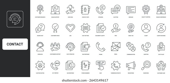 Online chat and email, help with client complaint by operator thin black outline symbols vector illustration. Customer support service, FAQ and info, feedback of experience line icon set.