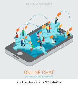 Online Chat Flat 3d Isometric Concept. Big Smartphone World Map And Micro People Chatting Using Laptop Smart Phone Tablet. Creative People Technology Collection.