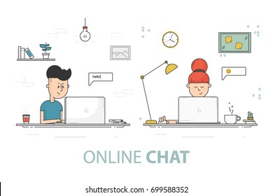 Online chat flat design vector illustration. Young girl and boy with laptop. Social network communication concept.