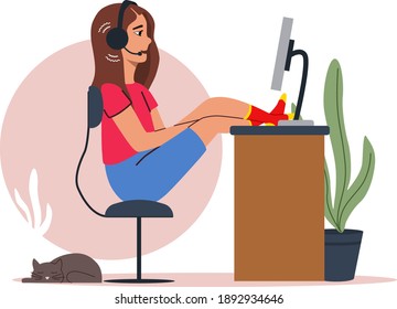 Online chat. The girl communicates using video chat. Communicate without leaving your home. Video chat concept. Stock vector flat illustration. Stay at home. Work from home concept