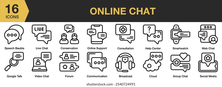 Online Chat icon set. Includes broadcast, cloud, communication, conversation, consultation, forum, and More. Outline icons vector collection.