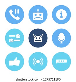 Online chat icon set and sad robot with voice message, AI robot and online. Writing related online chat icon vector for web UI logo design.