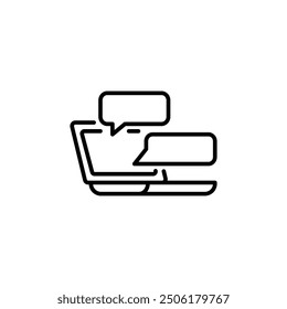 Icono de chat en línea. Ilustración de línea simple de una computadora portátil con burbujas de discurso que indican un chat o conversación activa. Perfecto para representar la comunicación en línea, App de mensajería. Ilustración vectorial