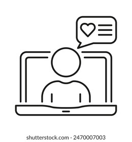 Online Chat Line Icon. Comment, Feedback, Message Sign. Laptop With Man And Speech Bubble Linear Pictogram. Dialog Outline Symbol. Editable Stroke. Isolated Vector Illustration.