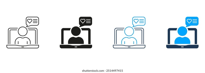 Online Chat Line und Silhouette Icon Set. Kommentar, Feedback, Nachrichtenzeichen. Laptop mit Piktogramm von Mann und Sprechblase. Dialog-Symbol. Bearbeitbarer Strich. Isolierte Vektorgrafik.