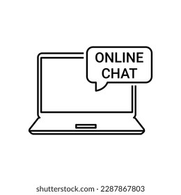 online chat with linear black laptop. flat stroke style trend modern e-learning logotype graphic art design isolated on white background. concept of customer live support like hotline service
