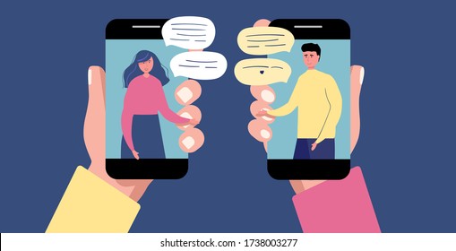 Online chat man and woman. Couple chat on a cell phone. Cartoon man and woman. Flat vector design. girl with guy talking on the phone.