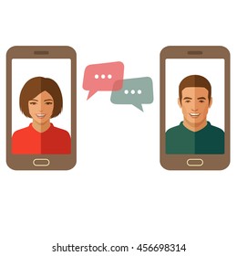 Online chat man and woman. Couple chat on a cell phone. Cartoon man and woman. Flat vector design.