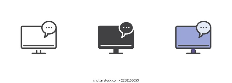 Online chat message different style icon set. Line, glyph and filled outline colorful version, monitor and speech bubble outline and filled vector sign. Symbol, logo illustration. Vector graphics