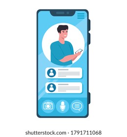 online chat messages, man on screen of smartphone, chat digital communication online vector illustration design