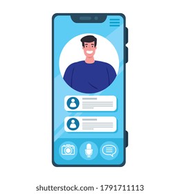 online chat messages, man in screen of smartphone, chat digital communication online vector illustration design