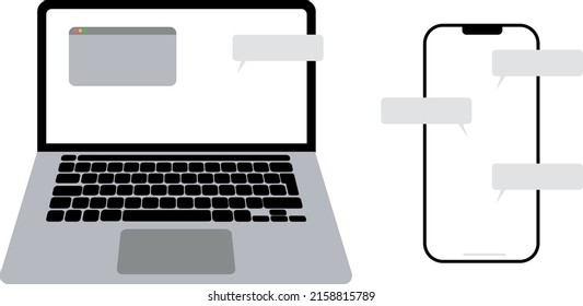 Online chat messages on mobile cellphone screen, laptop computer internet conversation bubble speech, notification, digital dialog isolated vector illustration, mockup template, transparent background
