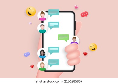 Online chat messages on mobile phone. 3d vector hand holding smartphone with sms speech bubbles push alerts on screen, 3d vector illustrator.