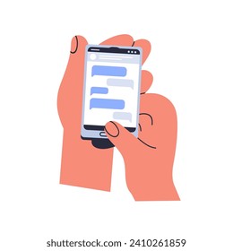 Online chat, messages on mobile phone screen. Hand holding smartphone, texting, sending, reading messenger app. Internet communication with cell. Flat vector illustration isolated on white background