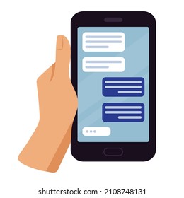 Online chat messages text notification on mobile phone. Hand holds smartphone sms speech bubbles push alerts on screen, digital or electronic chatting on cellphone. Vector illustration in flat style