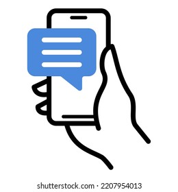 Online chat messages text notification on mobile phone icon. Hand holds smartphone sms speech bubbles vector illustration