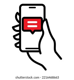 Online chat messages text notification on mobile phone icon. Hand holds smartphone sms speech bubbles vector illustration