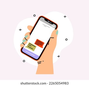 Online chat messages text notification on mobile phone. Hand holds smartphone sms speech bubbles push alerts on screen, digital or electronic chatting on cellphone. Vector illustration in flat style