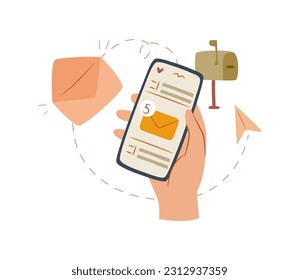 Online chat messages text notification on mobile phone vector hand with smartphone and application for chats. Sms speech bubbles push alerts on screen, digital or electronic chatting on cellphone