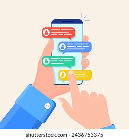 Online chat messages text notification on mobile phone. Hand holds smartphone sms speech bubbles push alerts on screen, digital or electronic chatting on cellphone. Vector illustration in flat style