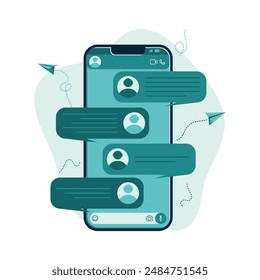 Online chat messages text notification on mobile phone vector or flat cartoon smartphone sms speech bubbles push alerts on screen, digital or electronic chatting on cellphone isolated.