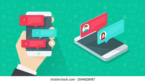 Online Chat Messages Text Notifications On Mobile Cell Phone Or Sms Notices On Person Man Hand With Digital Electronic Bubble Speeches Push Alerts On Screen, Chatting On Cellphone Smartphone Vector