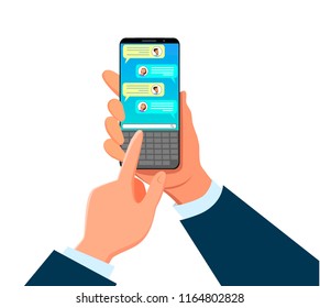 Online chat. Messenger. Hands that hold the smartphone.Communication in the network. sms message. Vector illustration.