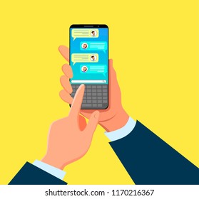 Online chat. Messenger. Hands that hold the smartphone.Communication in the network. sms message. Vector illustration.