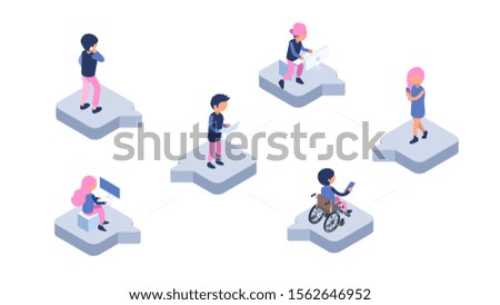Online chat. Modern communication web. Isometric people with gadgets chatting vector illustration