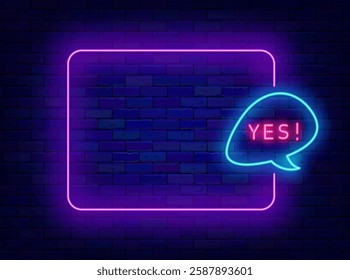 Online chat neon poster. Empty purple frame and yes text. Agreement sign. Vector stock illustration