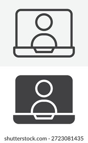 Chat en línea en la pantalla del ordenador portátil diferente estilo icono conjunto. Línea, contorno e ícono sólido Vector de trazo editable signo y símbolo para la comunicación en línea icono.