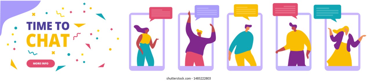 Online chat. People use smartphone for chatting in social media horizontal banner.  Communication, conversation, dialog. Messenger.  Flat vector illustration design.