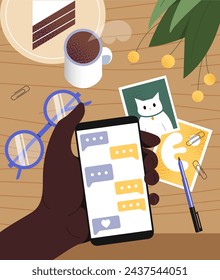 Online chat at phone concept. Character with smartphone in hand. Distance communication and interaction on internet. Chatting in social networks and messengers. Cartoon flat vector illustration