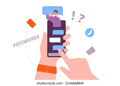 Online Chat Scam. Cheater Swindle People On Phone Chatting, Deceitful Love Or Fake Dating Online Transfer Scammer Money Hacking Screen, Vector Illustration. Dating Fraud And Cheater Communication