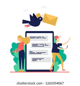 Chat en línea, SMS, mensajes. Ilustración vectorial de estilo plano.
