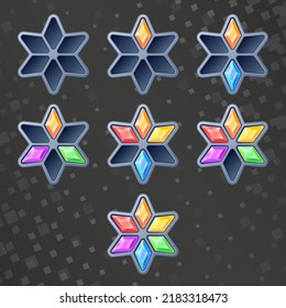 Online chat subscriber rating badges. Red, orange, yellow, green, blue, violet gemstones. Hexagonal medallions for game ranking. Vector award illustration. Eps10 vector