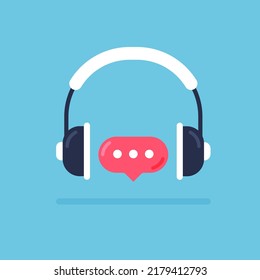 Soporte de chat en línea y concepto de servicio de ayuda virtual. Logo de auriculares. Ilustración vectorial aislada en fondo azul.