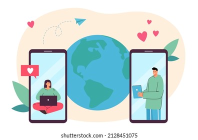 Online chat of tiny people on screens of mobile phones. Love conversation of man and woman flat vector illustration. Social media, dating concept for banner, website design or landing web page