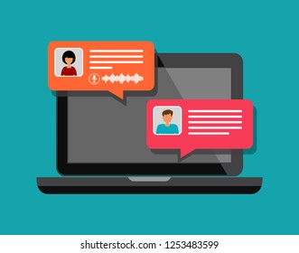 Online chat vector illustration, flat design laptop with chatting bubble notifications, concept of people messaging on internet. Vector stock illustration