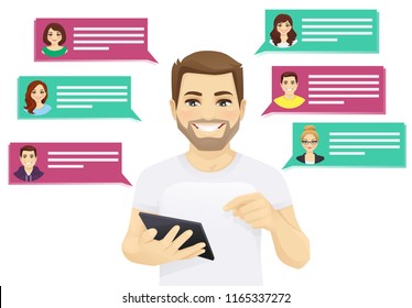 Online chat vector illustration. Man holding tablet and touching the screen.