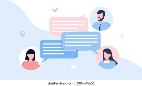 Online Chat, Vector Illustration People Use Smartphone For Chatting In Social Media, Instant Message Can Use For, Landing Page, Template, Web, Poster, Banner.