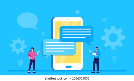 Online chat, vector illustration people use smartphone for chatting in social media, instant message can use for, landing page, template, web, poster, banner. Smartphone screen with speech bubbles