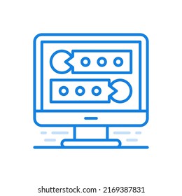 
Online-Chat-Vektorsymbol. Kommunikation über soziale Netzwerke. Monitor mit Zeichenstreifen und Dialogen auf dem Bildschirm. Service für Diskussionsnachrichten und informative Support-Benutzer.