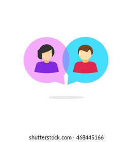 Online chat vector logo isolated on white background, abstract flat cartoon man and woman chatting in bubble speeches illustration, concept of team communication, relation, talking, relationship 